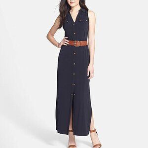 Michael Kors Navy Sleeveless Shirt Maxi Dress with Belt and Gold Buttons